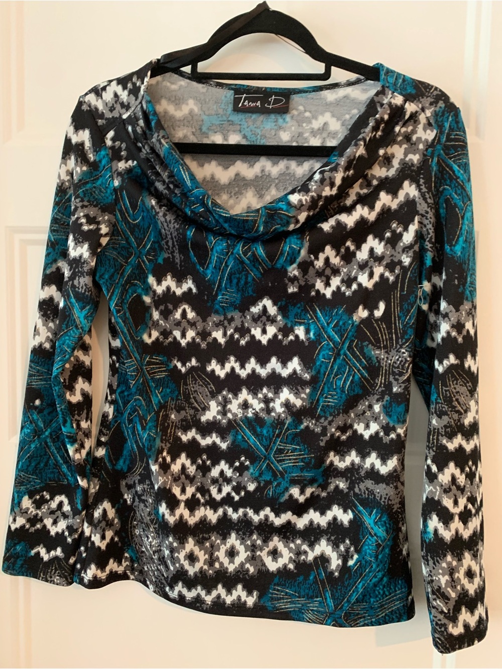 Tiana D , Women's Black, Teal & White Abstract Cowl Neck Top